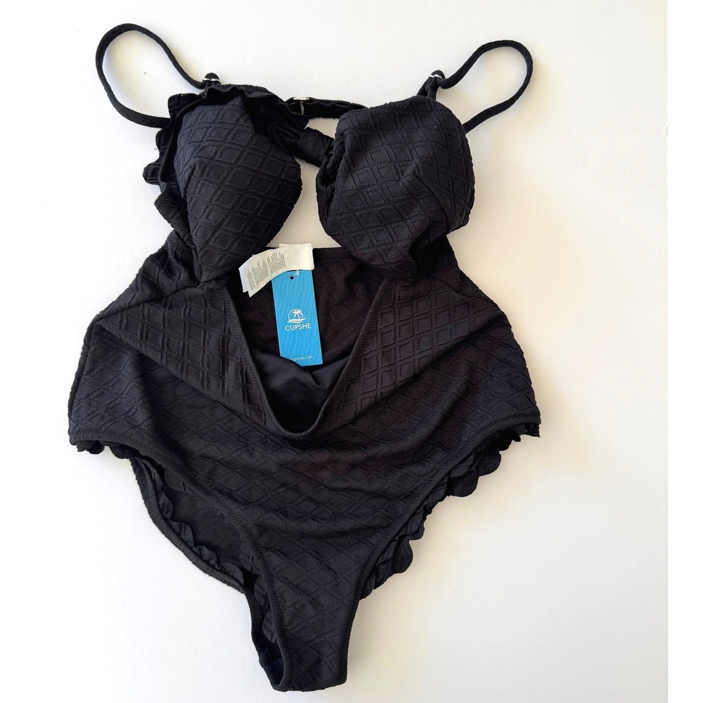 NWT Cupshe One Piece Swimsuit Size Large Black High Waist Ruffles Boho Chic - Picture 6 of 9
